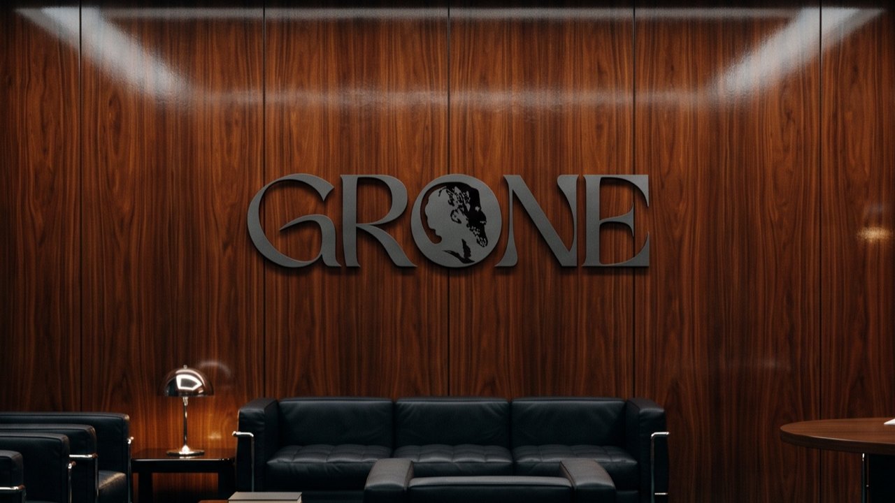 O nome GRONE na parede de madeira do escritório.